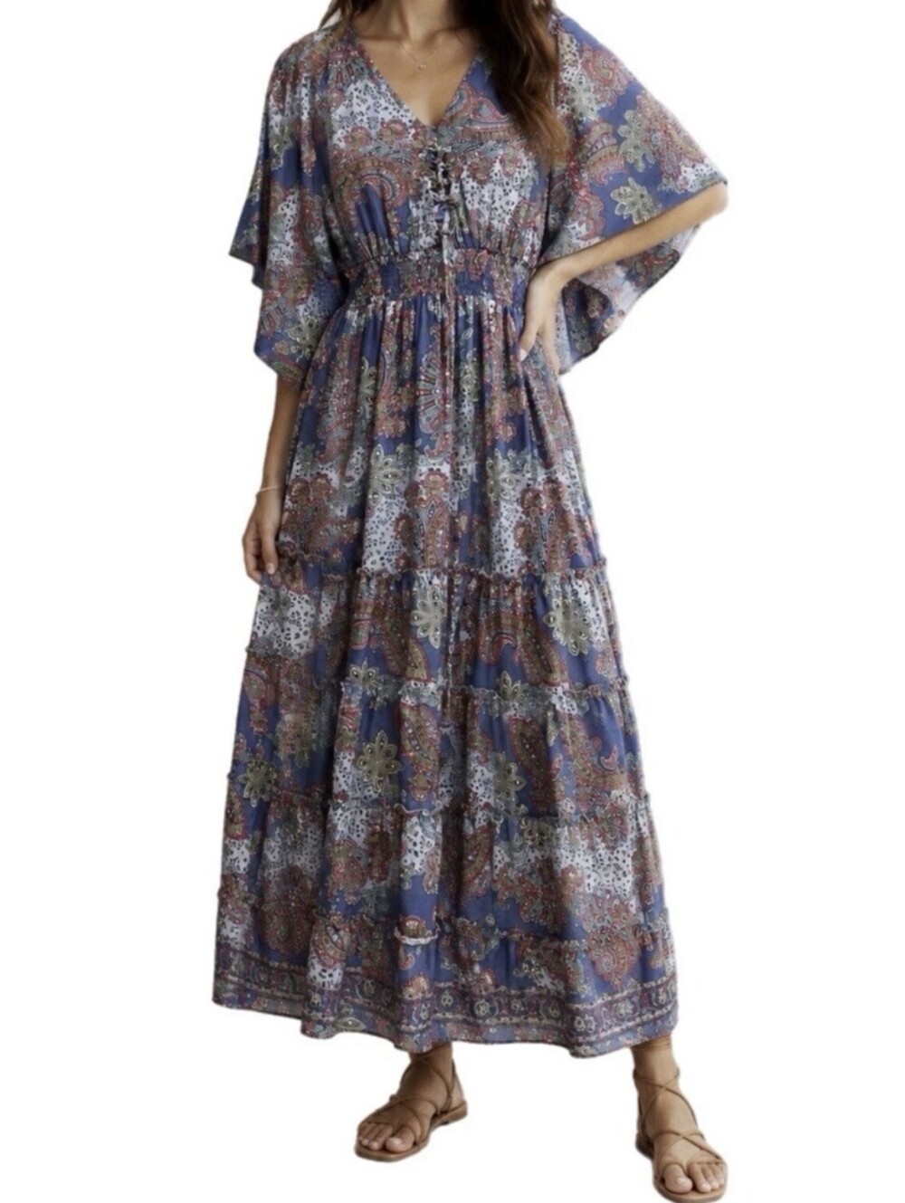 Boemo Paisley Maxi Dress Blue Boho Kimono Sleeve Tiered Peasant Festival Medium
